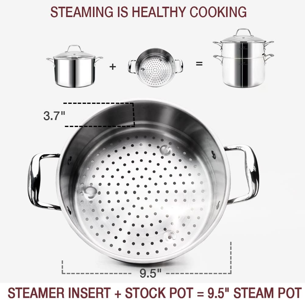 HOMICHEF 14-Piece Nickel Free Stainless Steel Cookware Set Whole-Clad 3-Ply - Mirror Polished Pots And Pans Set - Healthy Cookware Set With Steamer - Non-Toxic Induction Cookware Sets