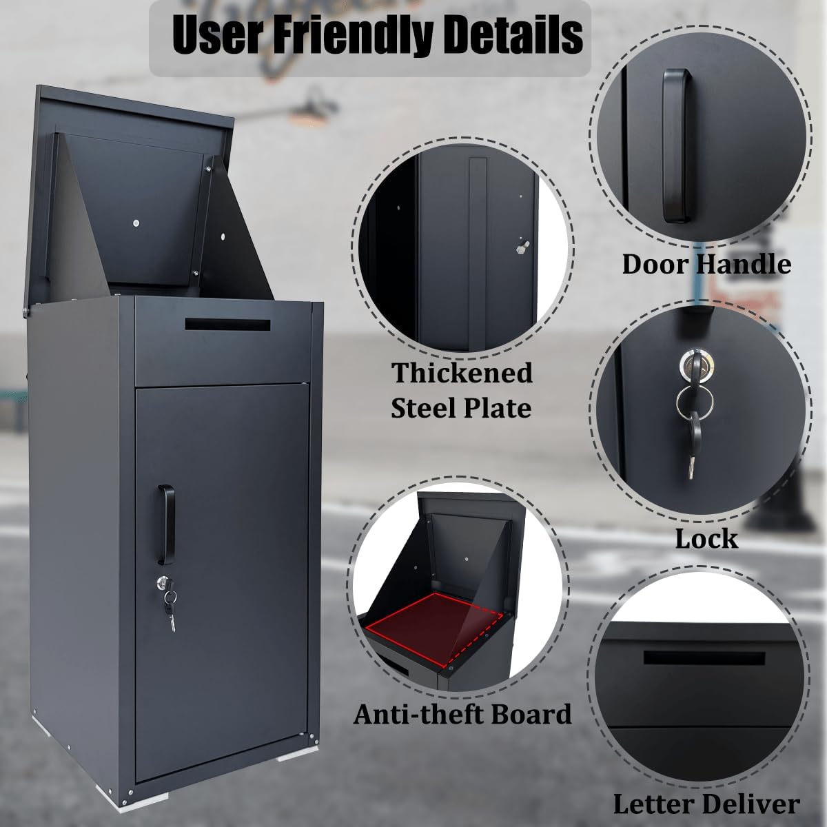 Package Delivery Box for Outside, Large Parcel Drop Box with Top Drop Chute for Packages, Anti-Theft Lockable Package Mailbox with Drop Slot for Mails & Home Porch Use 34'×16'×17'