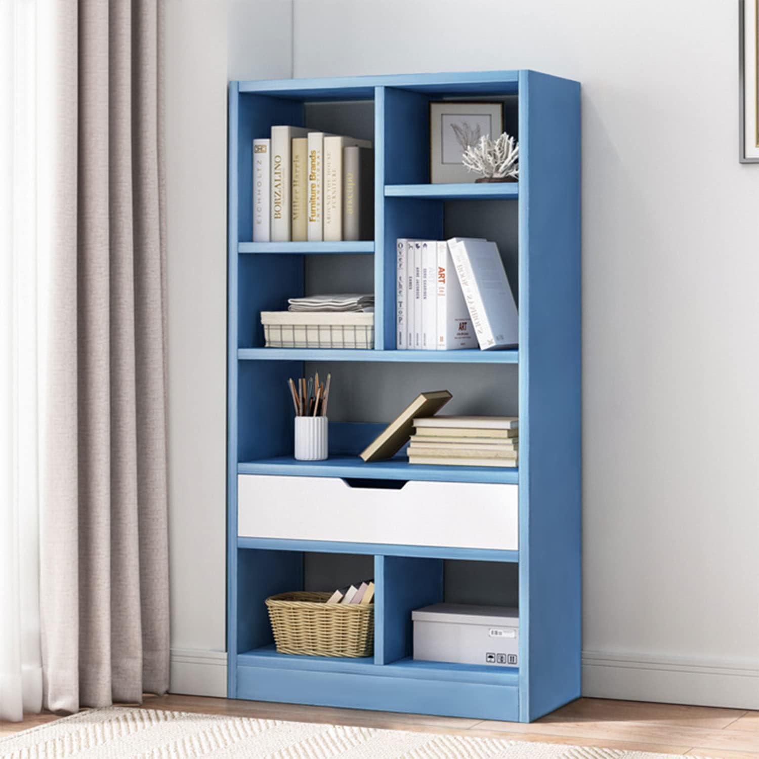 IOTXY Wooden Open Shelf Bookcase - 51' Height Freestanding Display Storage Cabinet Organizer with 7 Cubes and a Drawer, Floor Standing Bookshelf, Blue