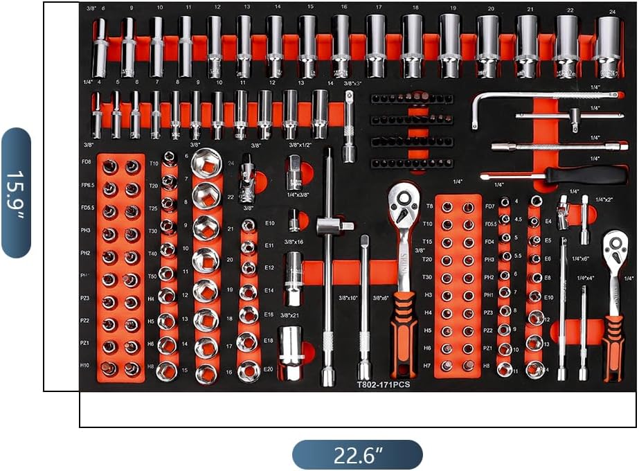 JZD Tool Set in Foam Storage Tray, 171 Pieces 3/8' Socket Mechanic, for Home Garage Auto Repair Shop Factory