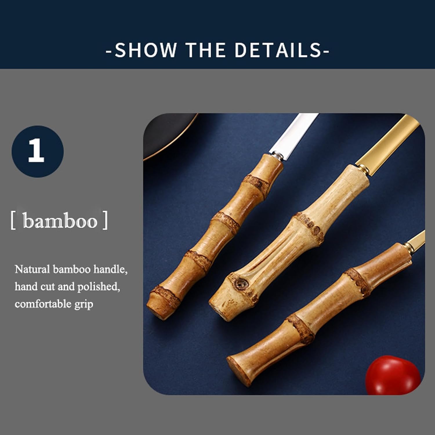 60-Piece Gold Bamboo Flatware Set for 12 – Bamboo Handle Cutlery Set, Reused Kitchen Utensils, Household Silverware with Golden Finish (Knife, Fork, Spoon)