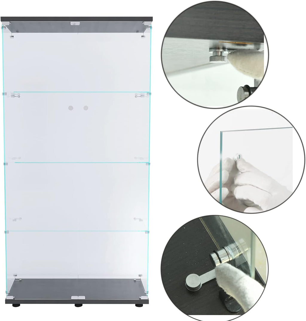 Modern 4-Tier Two-Door Glass Display Cabinet Shelves with Door Floor Standing Curio Glass Countertop Display Bookshelf for Living Room Bedroom Office