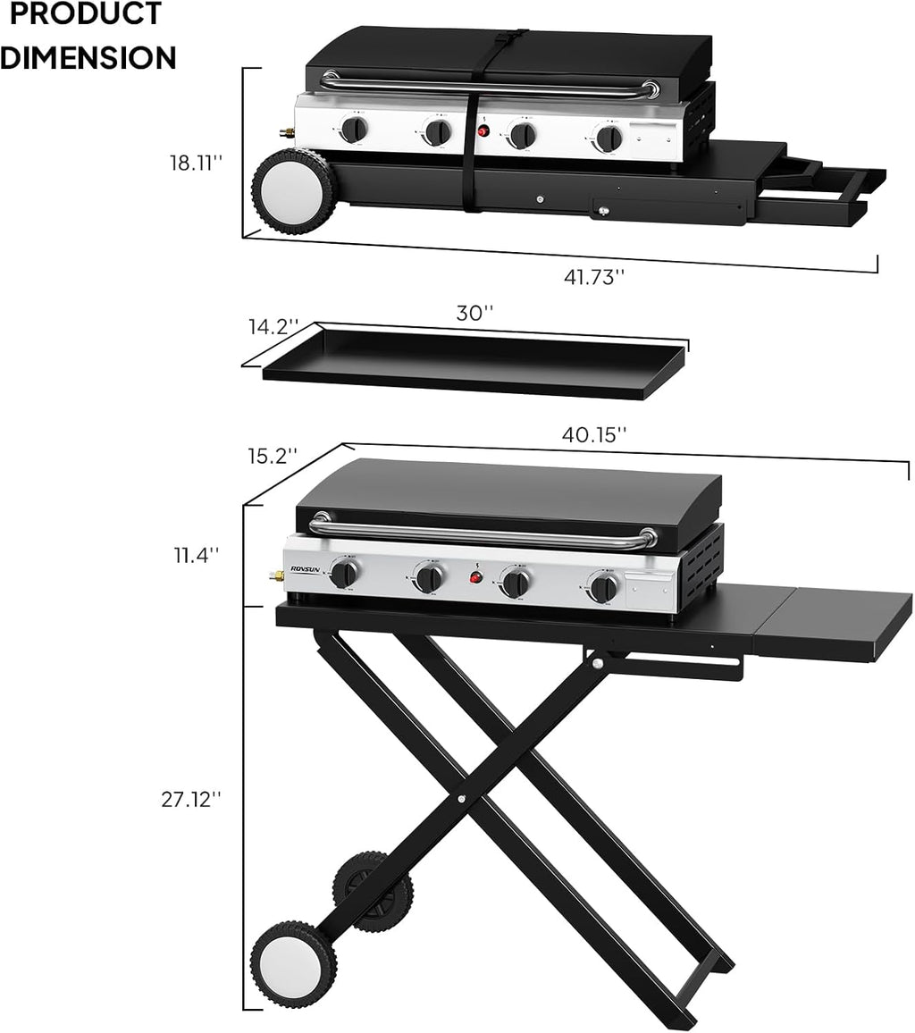 Bonnlo Foldable Flat Top Grill with 4 Burner & Lid, Powerful 40,000 BTU Propane Gas Grills with Ignition, Enamel Griddle, Side Shelf & Portable Cart with Wheels for Outdoor Camping Hibachi Grill Use