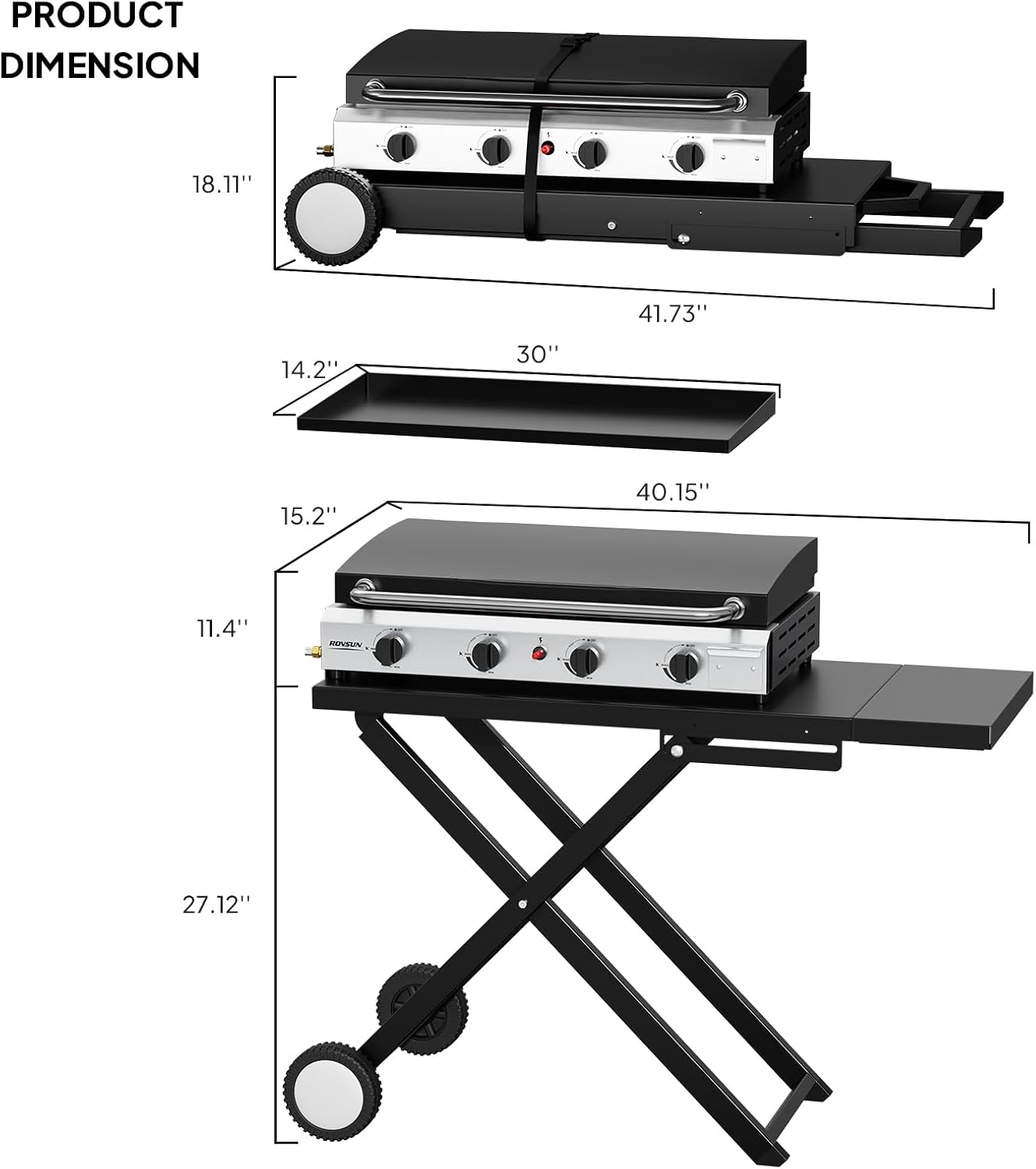 Bonnlo Foldable Flat Top Grill with 4 Burner & Lid, Powerful 40,000 BTU Propane Gas Grills with Ignition, Enamel Griddle, Side Shelf & Portable Cart with Wheels for Outdoor Camping Hibachi Grill Use