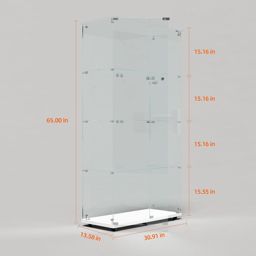 65' Tall Tempered Glass Display Cabinet with LED Lights&Rolling Wheels, Curio Cabinet with 4 Shelves with 2 Door, Quick-Install Style Floor Standing Bookshelf File Cabinet for Living Room Office