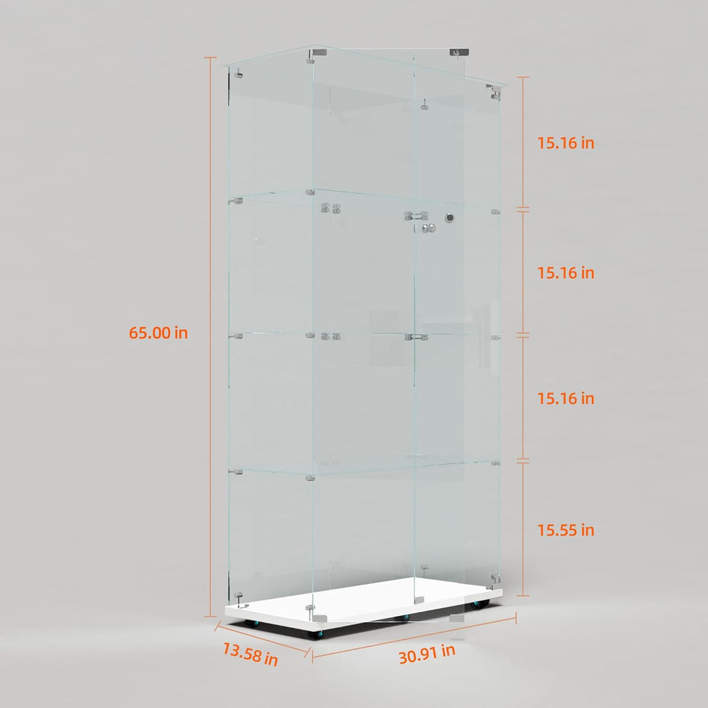 Modern Glass Display Cabinet 4-Shelf with LED Light, Lock and Wheels, 2 Door Curio Cabinets, Tempered Glass Collection Display Showcase for Living Room Home Office,30.9x13.5x65 H,White