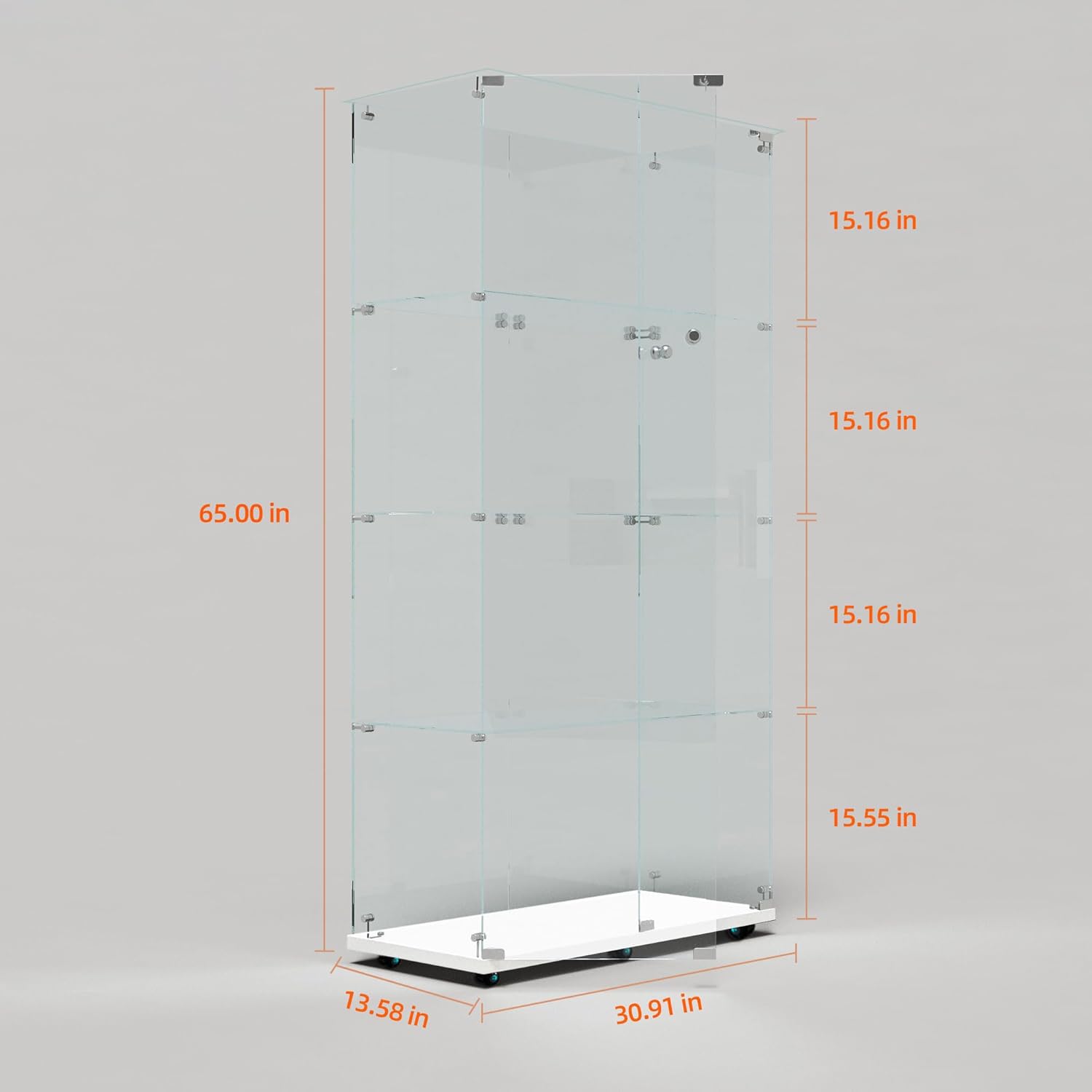 Modern Glass Display Cabinet 4-Shelf with LED Light, Lock and Wheels, 2 Door Curio Cabinets, Tempered Glass Collection Display Showcase for Living Room Home Office,30.9x13.5x65 H,White