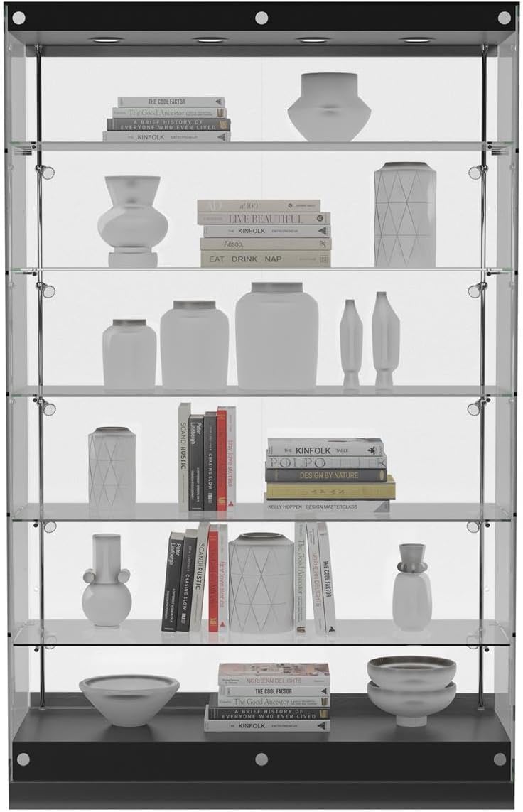 Displays2go 4' Frameless Glass Showcases with LED Lighting, Adjustable Shelves, Locking, MDF – Black (GTAP48LEDB)