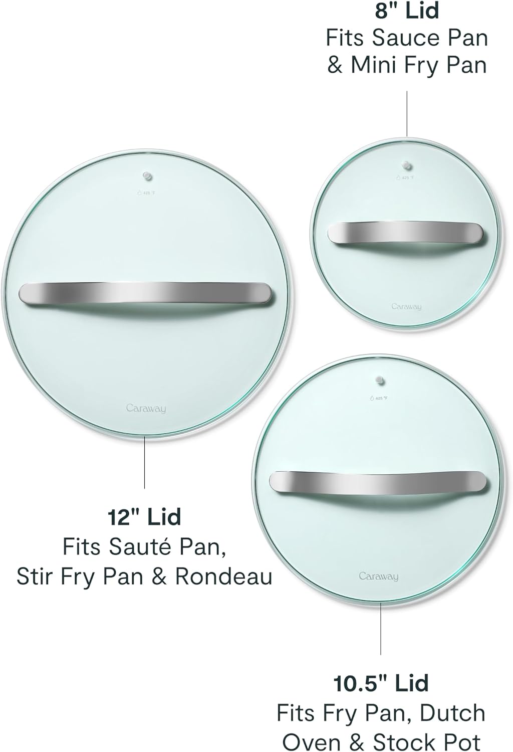 Caraway Glass Lids Set for Pots and Pans - Made With Tempered Glass - Sized to Fit Caraway Ceramic-Coated & Stainless Steel Cookware - Includes 3 Sizes - 8', 10.5', & 11.8'