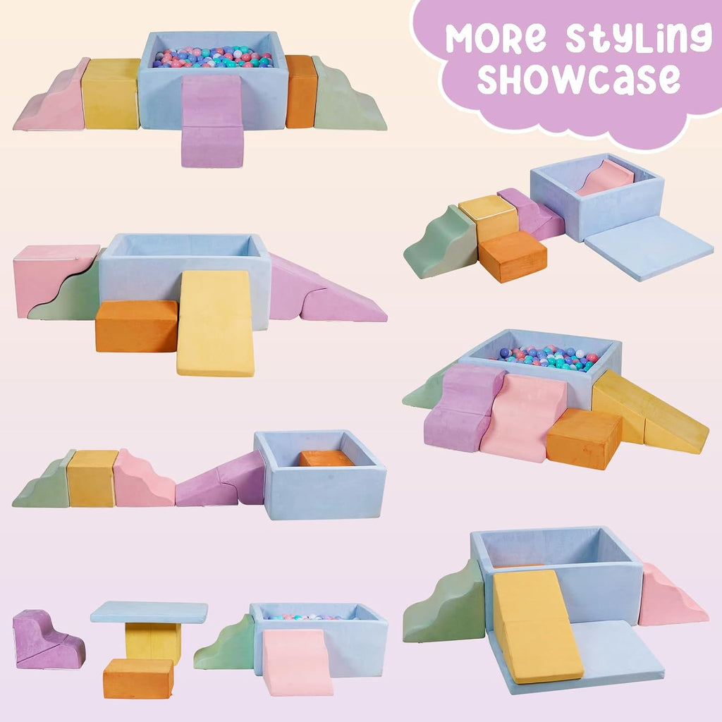 Foam Climbing Blocks for Toddlers, 7-Piece Baby Soft Play Set with Ball Pit, Indoor Climbing Toys for Kids, Modular Foam Play Structures, Macaron Colors (Balls Not Included)