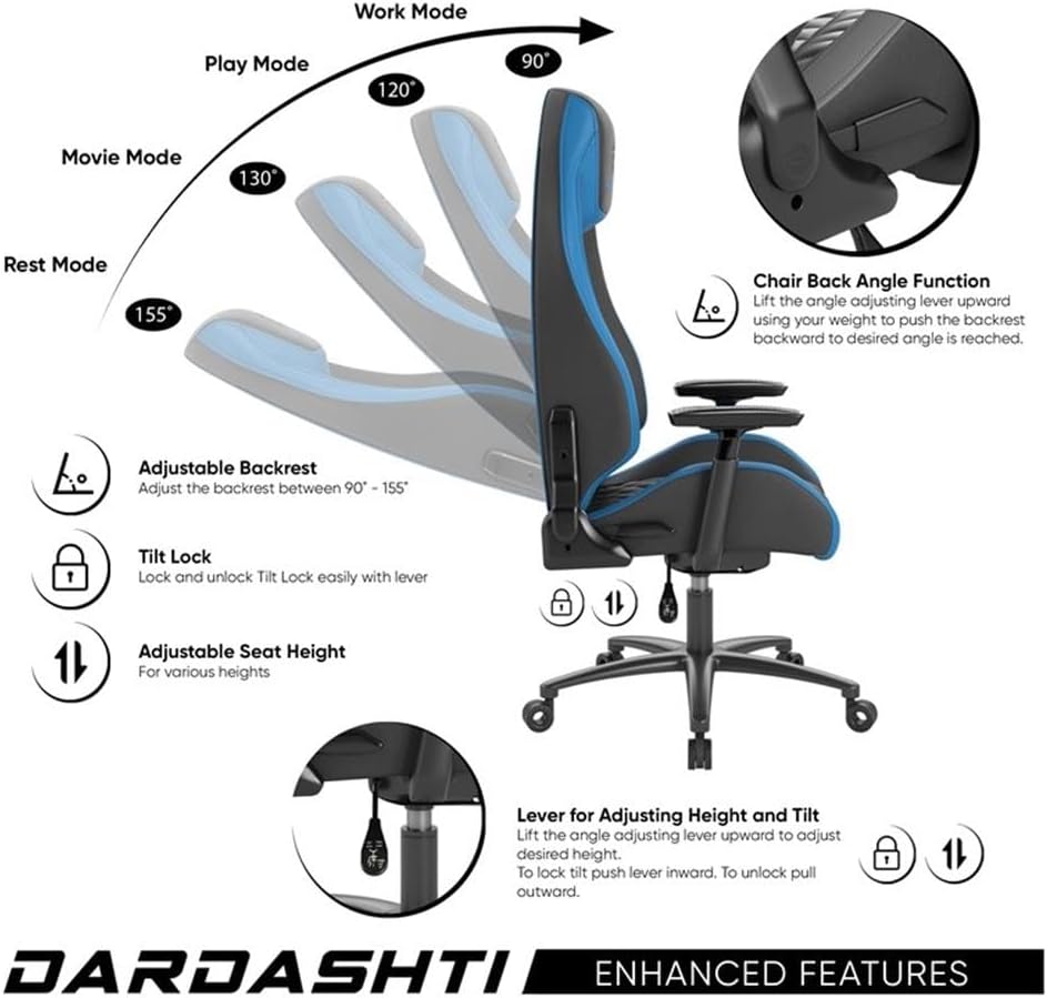Atlantic Dardashti Gaming/Executive Chair, Molded Cold-Cure Foam, ANSI/BIFMA X5.1 Tested, Class-4 Heavy-Duty Gas Piston, 350 lbs. Weight Load, 8-Way Arm Rests, PN 78050355 – Black & Cobalt Blue