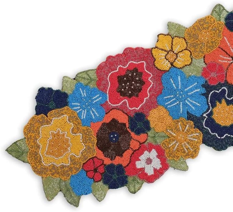 HM Creations Multicolor Floral Table Runner, Handmade Table Runner, Beaded Table Topper 13X36 Inch Dinning Decoration. (6 Place Mats)