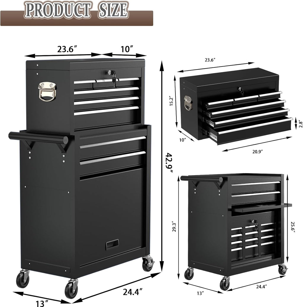 8 Drawer Tools Chest,42.9 inch Tool Cabinet with Universal Lockable Wheels，Organizable Tool Box with Detachable Top Box for Workshop，Black