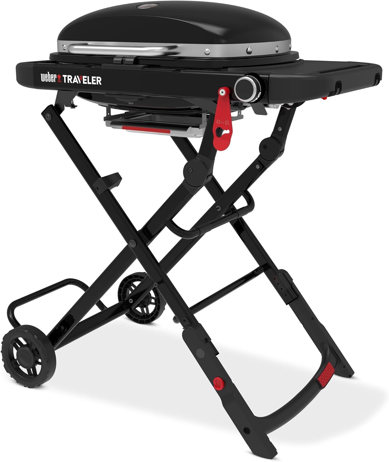 Weber Traveler® Compact Portable Gas Grill (Liquid Propane) for Outdoor Cooking – Black, Porcelain-Enameled Lid, Side Table, Folding Portable Grill with Wheels for Camping, Tailgating & Travel