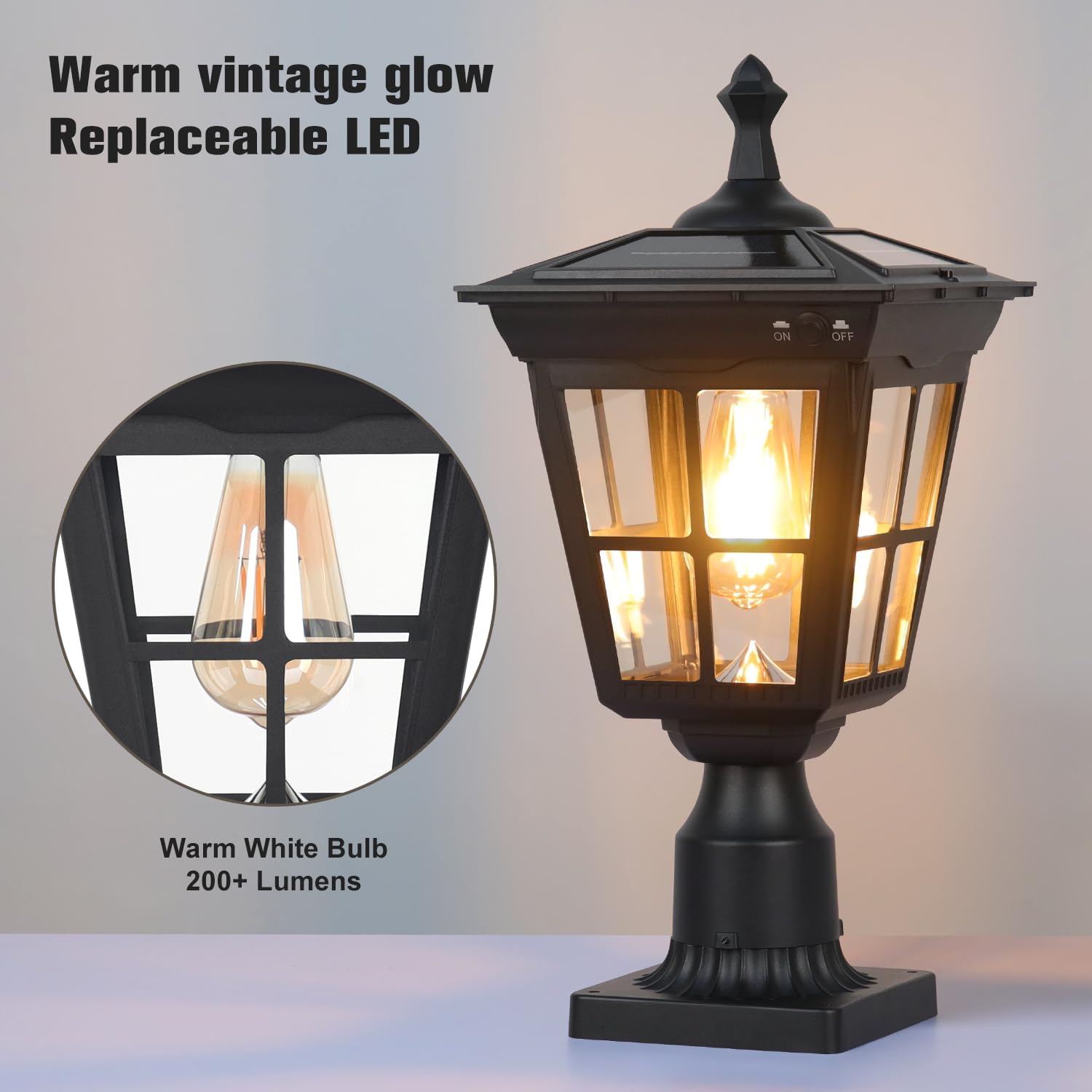 Solar Lamp Post Light, Cast Aluminium Waterproof LED Pillar Lights with Glass Outdoor Dusk to Dawn Post Light Solar Powered ST4311BQ for Pier Mount Gates Yard Pole (Black+Clear Glass)