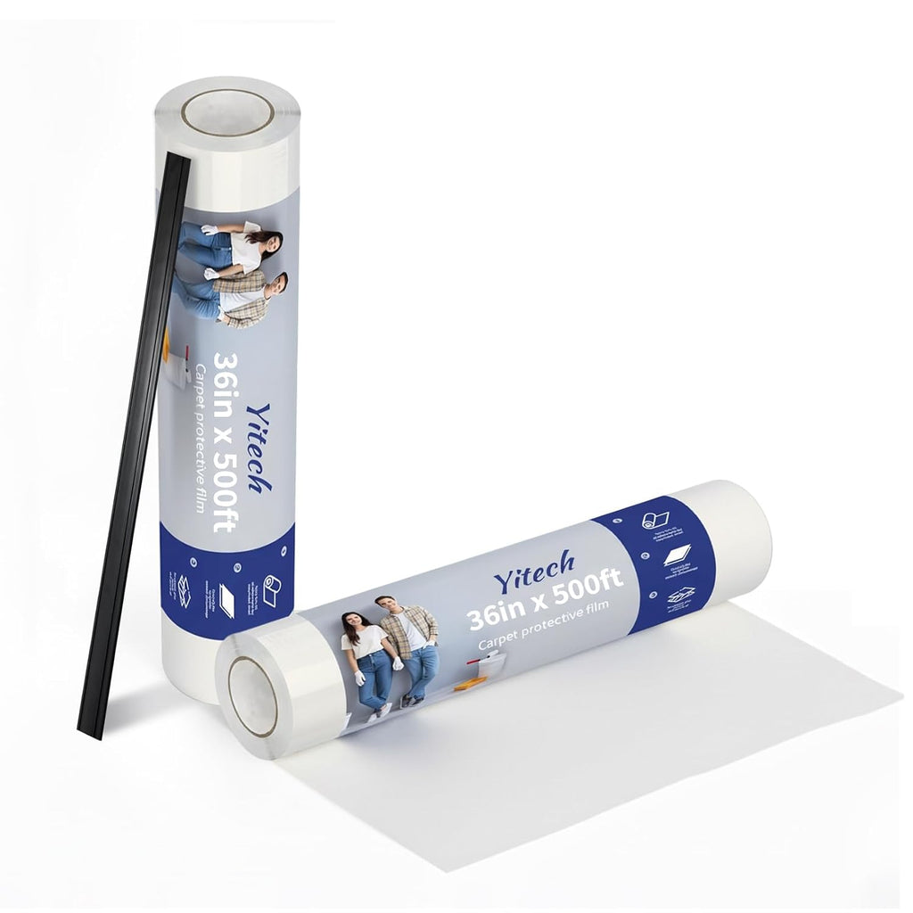 Yiech Carpet Protection Film 36' x 500' – Clear self-adhesive protective film for carpets and floors, waterproof and puncture-resistant shield, easy to install and remove, ideal for construction