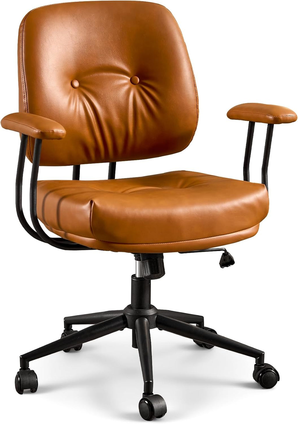 ovios Ergonomic Office Chair, Mid Back Faux Leather Executive Chairs with Thick Cushion, Comfy Mid-Century Modern Swivel Rolling Computer Armchair (Brown, PU Leather)