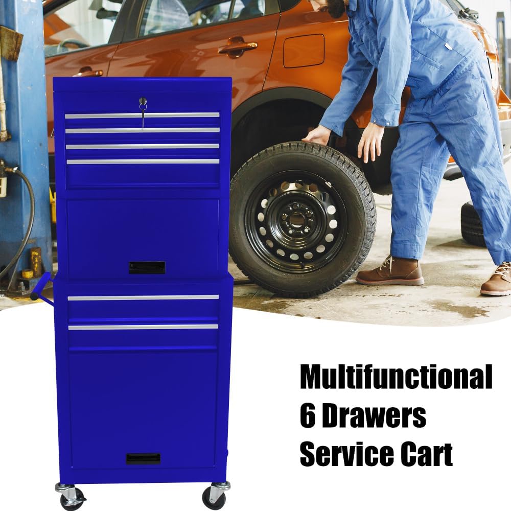 Tool Cabinet on Wheels, 6-Drawer Lockable Rolling Tool Chest w/ 4 Universal Wheels, 2 in 1 Detachable Tool Box Storage Organizer for Garage Workshop Repair Shop,BLUE (Blue + Steel)