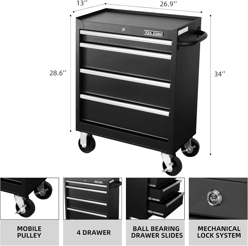Tool Storage Cabinet/Cart, Metal Tool Cabinet, Rolling Wheel, Ball Bearing Sliders, Black Powder Coating, Suitable for Garage, Warehouse, Workshop (27 x 13 x 34 inches)