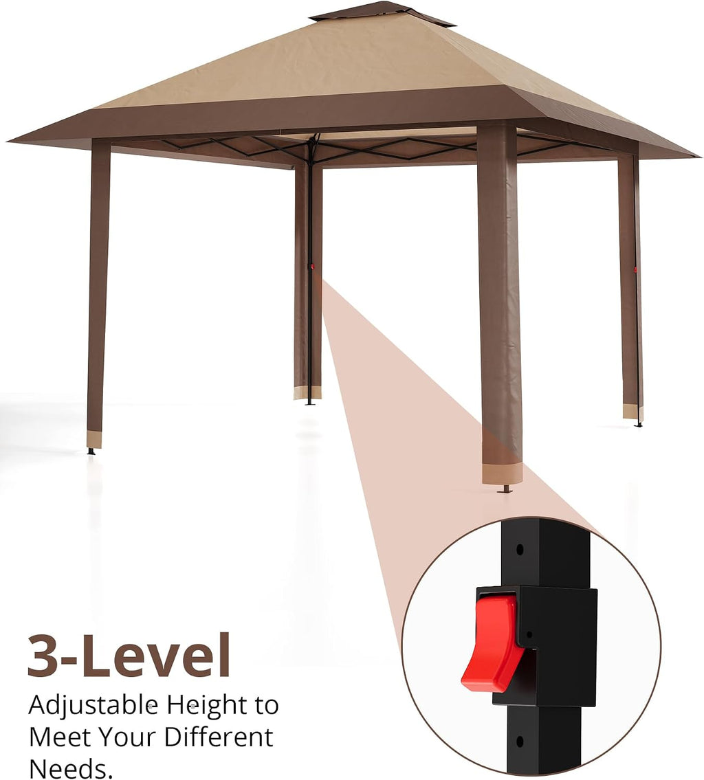 13x13FT Pop-Up Gazebo Canopy Tent - Double Roof, Mosquito Netting, Adjustable Height, UV-Resistant, Heavy Duty, Waterproof, Portable for Patio, Garden, Camping, Party - Khaki + Light Khaki