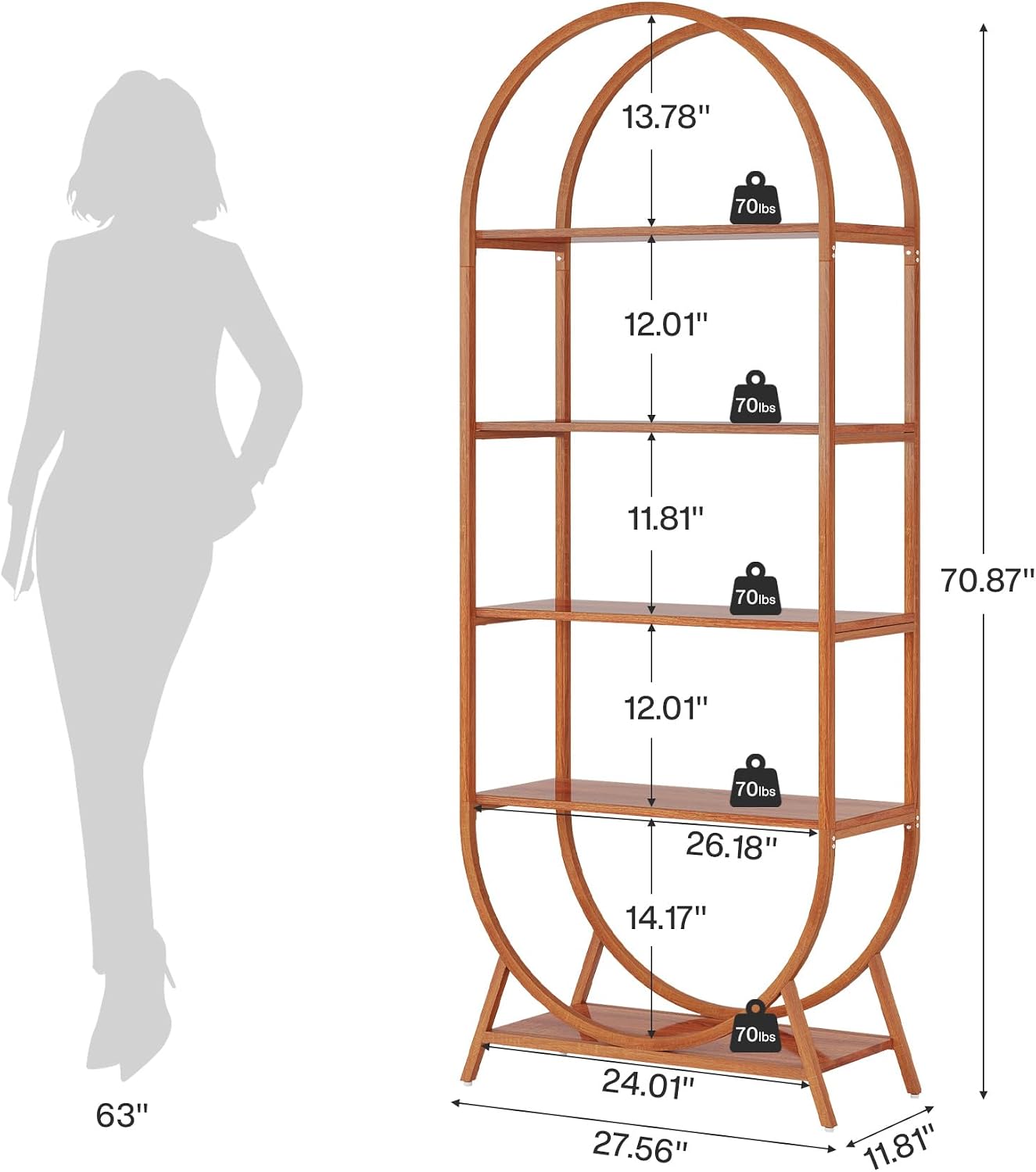 Tribesigns Bookshelf 5-Tier Arched Bookcase, 70.8' Tall Modern Open Book Shelves, Storage Shelves with Metal Frame, Freestanding Display Rack for Living Room, Bedroom, Office