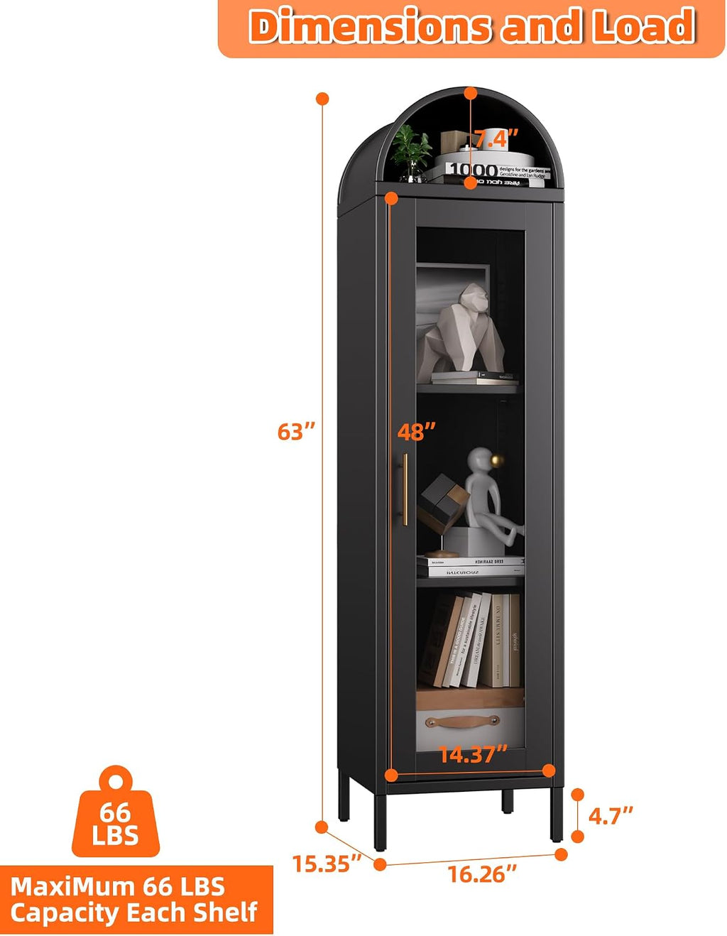 Aobabo 63'H Metal Arched Display Cabinet with Glass Door,Arched Bokcase with 2 Adjustable Shelves for Home Office,Assembly Required, Black