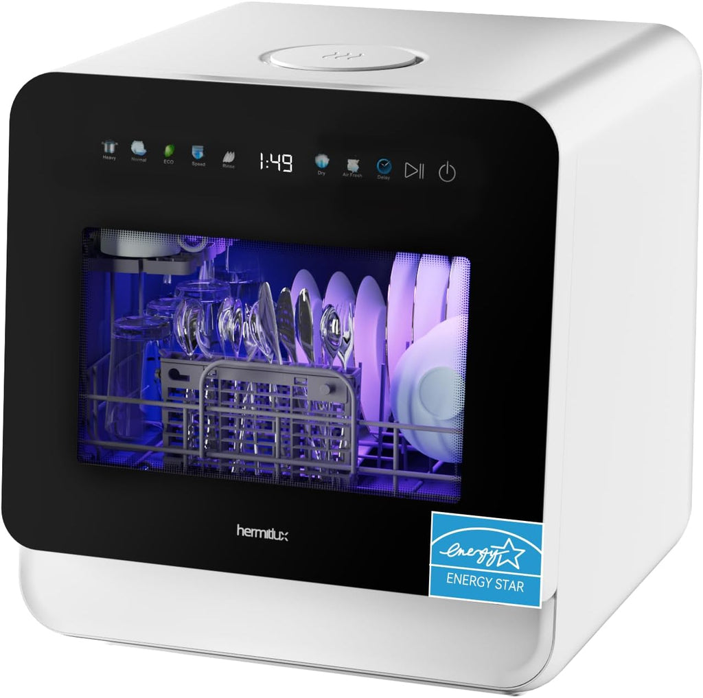 Hermitlux Countertop Dishwasher, Energy Star Portable Dishwashers Mini with 5 Place Settings, 8 Washing Programs & Color Screen, 5-Liter Built-in Water Tank for Apartments & RVs, No Hookup Needed