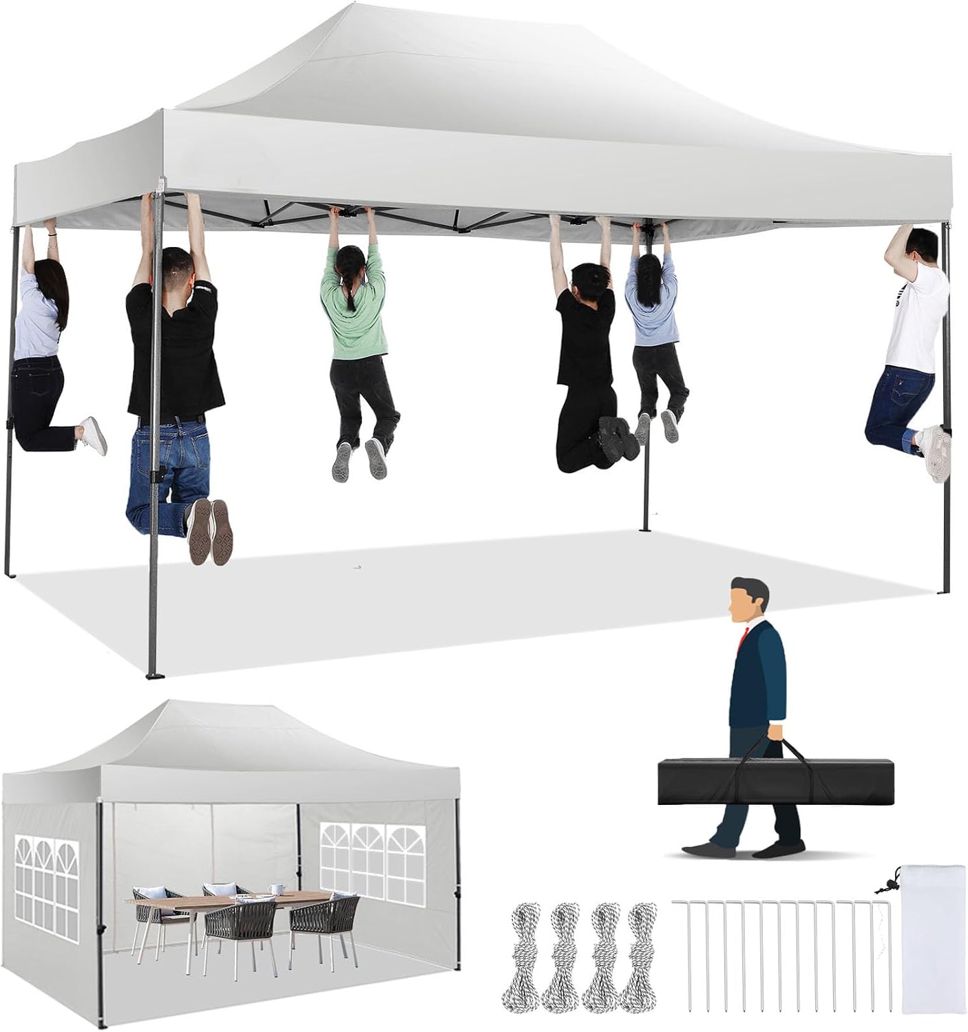 COBIZI 10x15 Pop up Canopy Tent Heavy Duty, Easy Set-up Commercial Outdoor Party Tent, 100% Waterproof Wedding Tents Gazebo, 3 Height Adjustable with Wheeled Bag, White