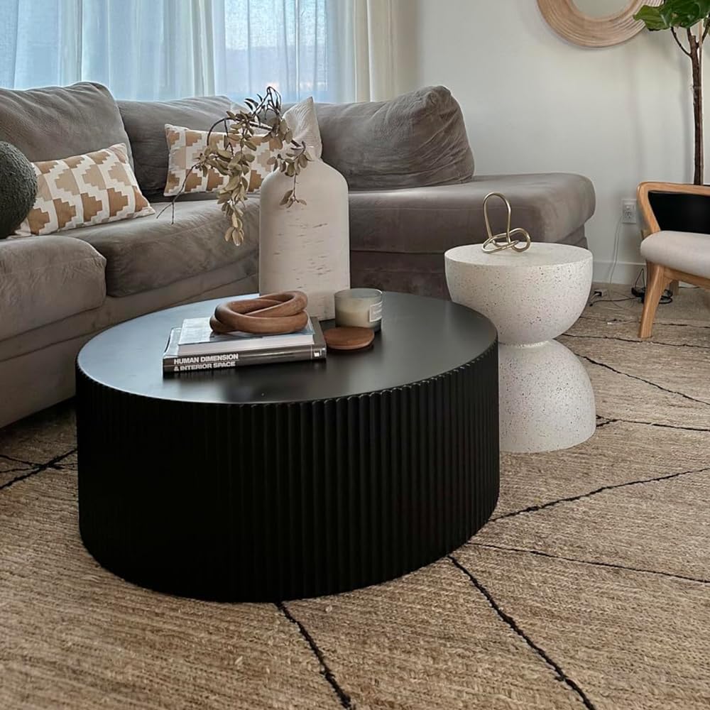 Black Round Coffee Table Set of 3 Modern Drum Circle Nesting Coffee Tables for Living Room, Contemporary Wood Fluted Embossed Round+Small Crescent Coffee Table, No Assembly, Black (3-Pcs)