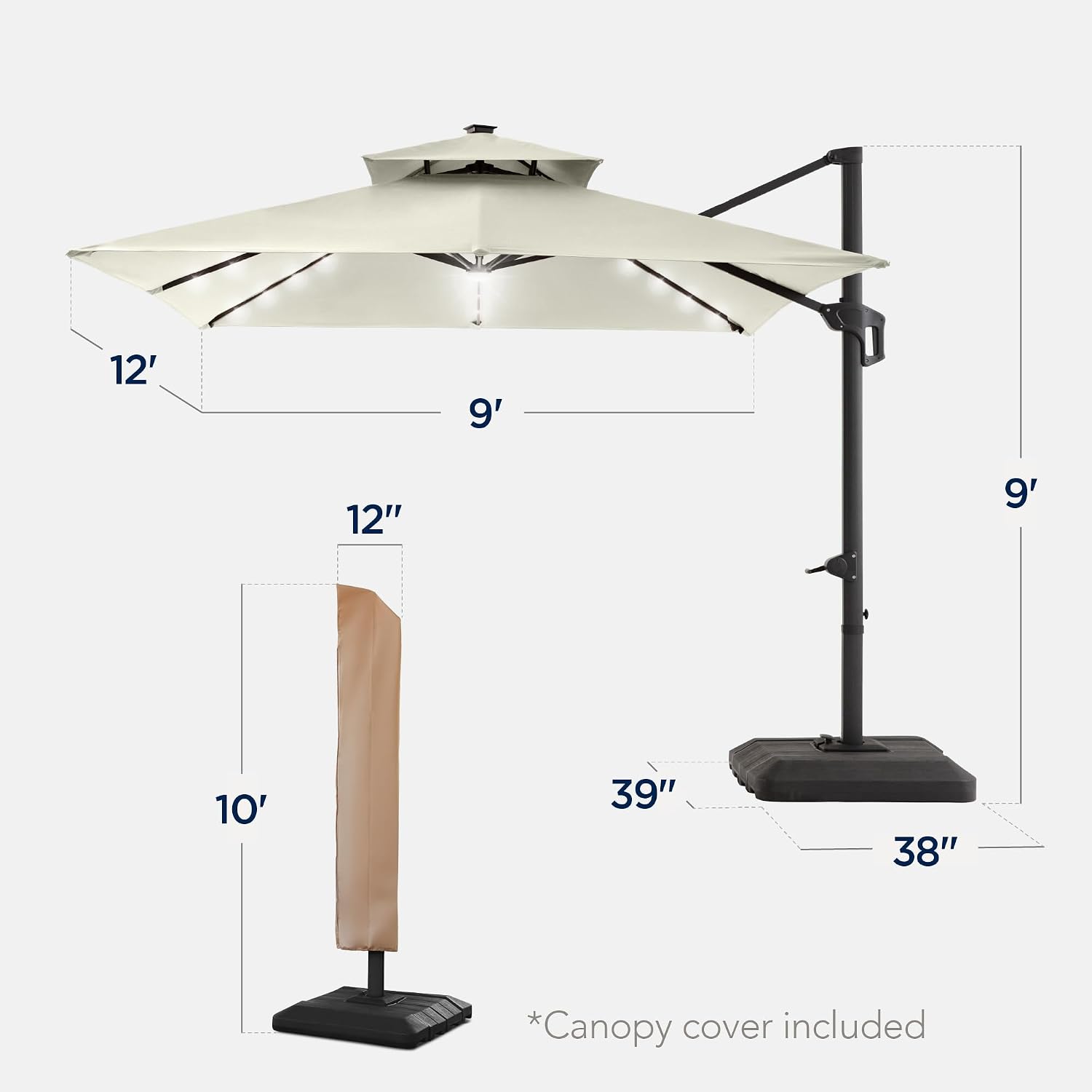 Best Choice Products 9x12ft LED Cantilever Patio Umbrella w/Base Included & 360° Rotation, Large Solar Offset Hanging Outdoor Sun Shade for Deck, Backyard Table w/Stand & Lights – Ivory