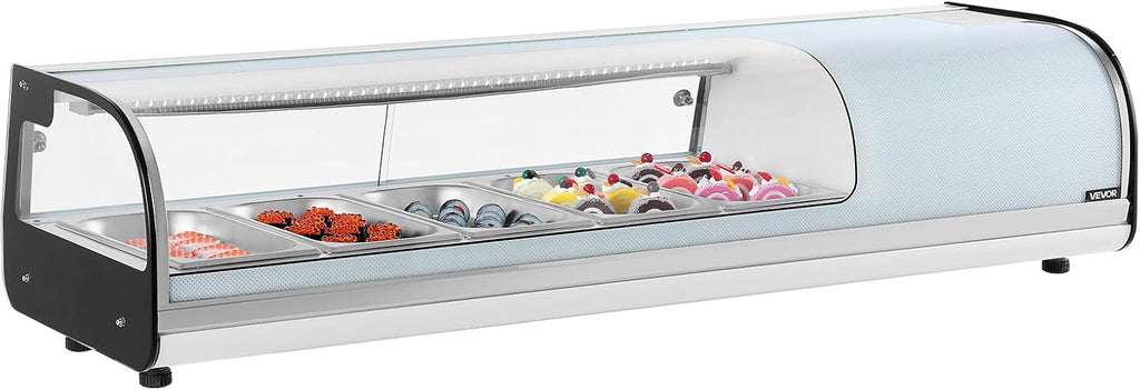 VEVOR Sushi Display Case Refrigerator, 1.8 Cu.ft Commercial Sushi Case, 5-Pan Countertop Showcase with Curved Glass, LED Lighting, and Digital Temperature Control, for Sushi-Bar, Restaurant, Store