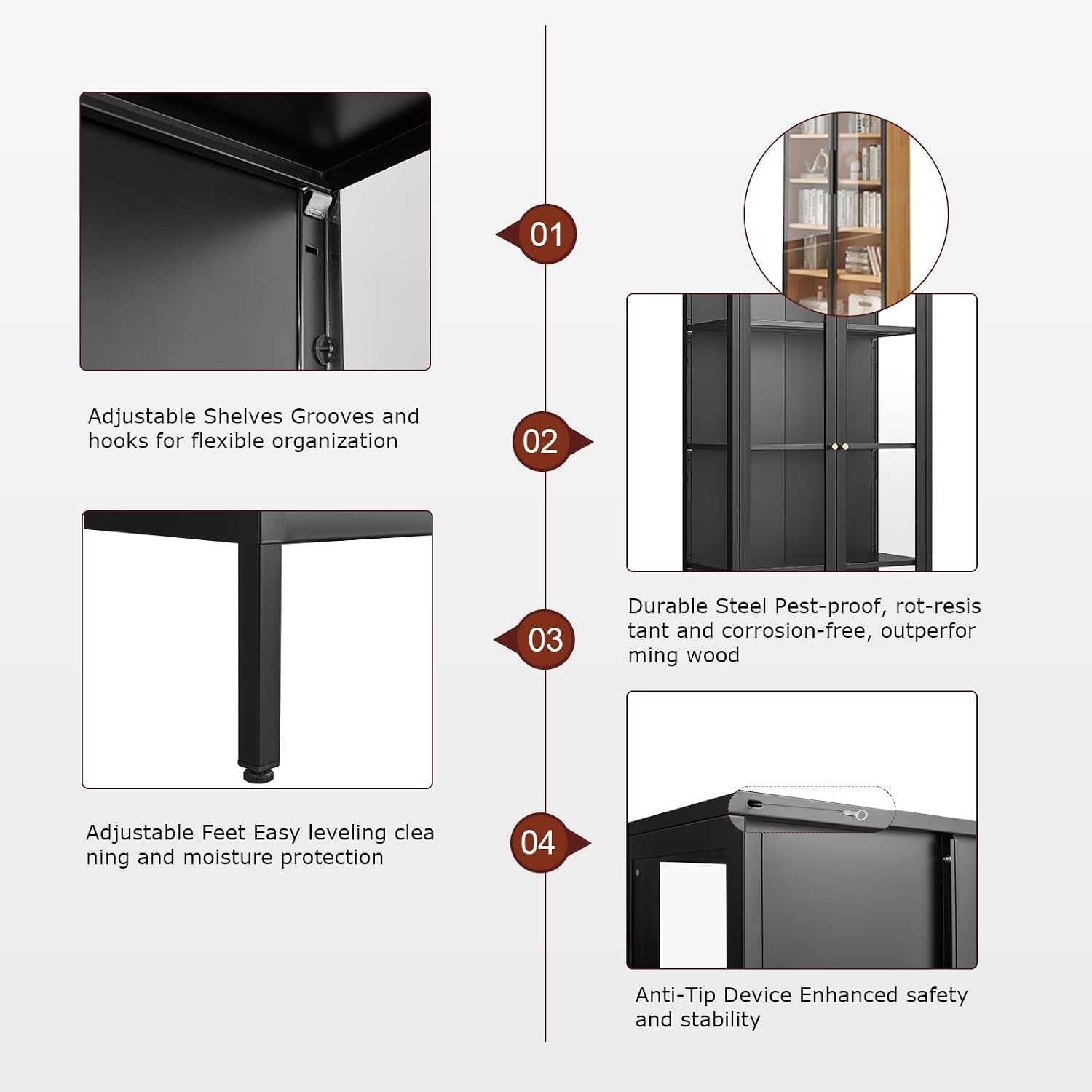 Metal Display Cabinet with Glass Doors, 66' Curio Cabinet with 3 Ajustable Shelves, Glass Display Case for Collectibles, Black Cabinets for Living Room