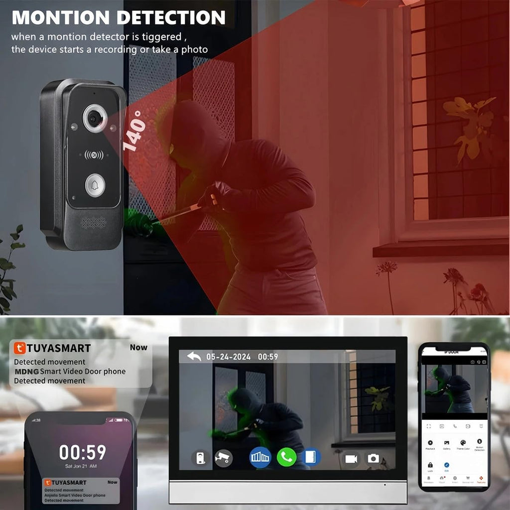 Wired Video Intercom System Tuya WiFi 7 Inch Touch Screen 1080P Doorbell Intelligent Tuya APP Intercom Kit with 3 in 1 Unlock Motion Detection,Anti-tamper Alarm,32G (1 Doorbell+1 Monitor)
