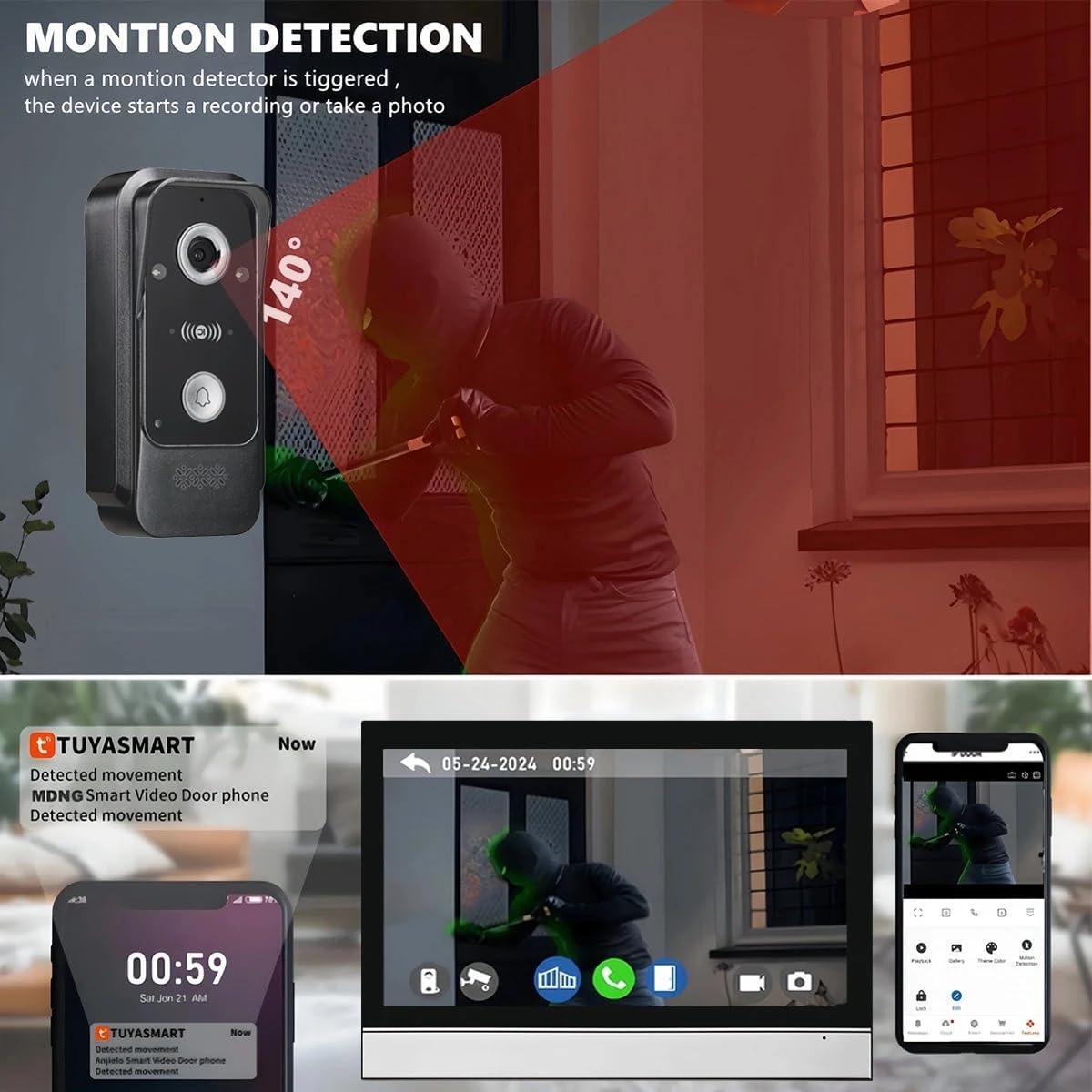 Wired Video Intercom System Tuya WiFi 7 Inch Touch Screen 1080P Doorbell Intelligent Tuya APP Intercom Kit with 3 in 1 Unlock Motion Detection,Anti-tamper Alarm,32G (1 Doorbell+1 Monitor)