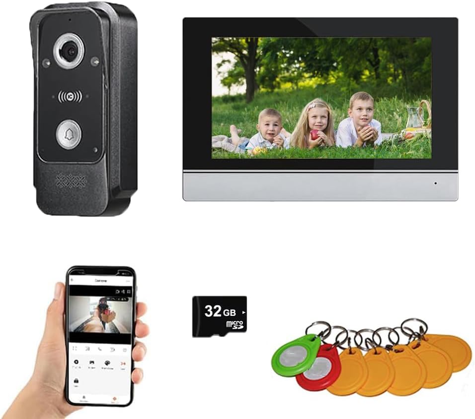 Wired Video Intercom System Tuya WiFi 7 Inch Touch Screen 1080P Doorbell Intelligent Tuya APP Intercom Kit with 3 in 1 Unlock Motion Detection,Anti-tamper Alarm,32G (1 Doorbell+1 Monitor)