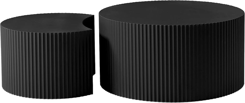 Black Round Coffee Table Set of 3 Modern Drum Circle Nesting Coffee Tables for Living Room, Contemporary Wood Fluted Embossed Round+Small Crescent Coffee Table, No Assembly, Black (3-Pcs)