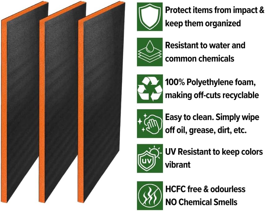 Customizable Tool Box Organizer Tool Foam | 24'x48' 3 Sheets | Tool Box Foam Organizer | Tool Drawer Organizer | Customizable Foam Insert | Toolbox Foam Inserts Shadow Foam (Orange, 1-3/16' (30mm))