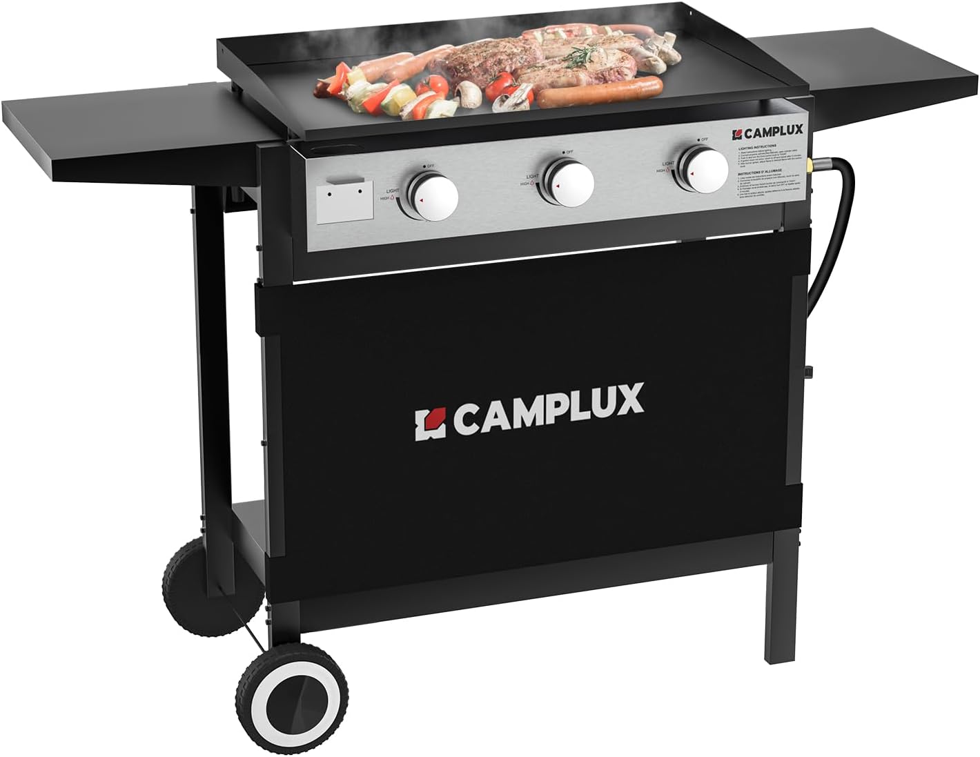 CAMPLUX Propane Griddle Flat Top, 3-Burner Gas Griddle with 3mm Thick Non-Deformable Plate & Ceramic Non-Stick Coating, 33,000 BTU Outdoor Cooking Station with Wheels and Side Shelves for Camping