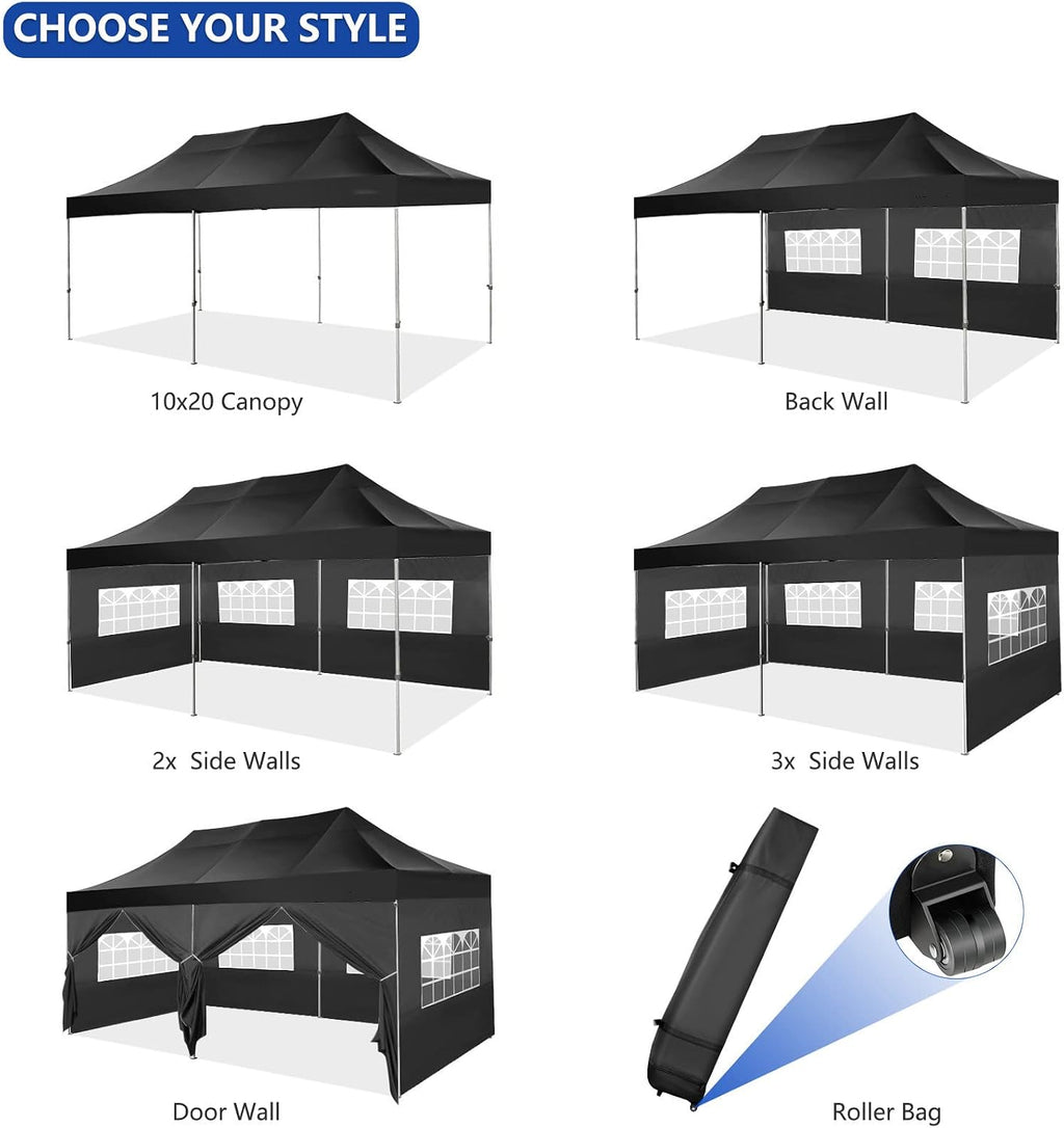 COBIZI Pop up Canopy Tent 10x20 Heavy Duty Gazebo with 6 Sidewalls, UPF 50+ All Weather Waterproof Commercial Outdoor Wedding Party Tents Canopy with Roller Bag, Black