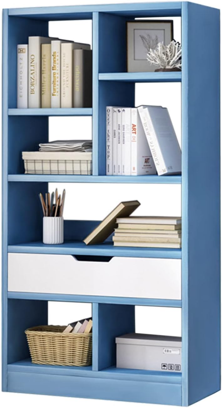 IOTXY Wooden Open Shelf Bookcase - 51' Height Freestanding Display Storage Cabinet Organizer with 7 Cubes and a Drawer, Floor Standing Bookshelf, Blue