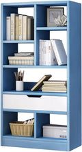 IOTXY Wooden Open Shelf Bookcase - 51' Height Freestanding Display Storage Cabinet Organizer with 7 Cubes and a Drawer, Floor Standing Bookshelf, Blue