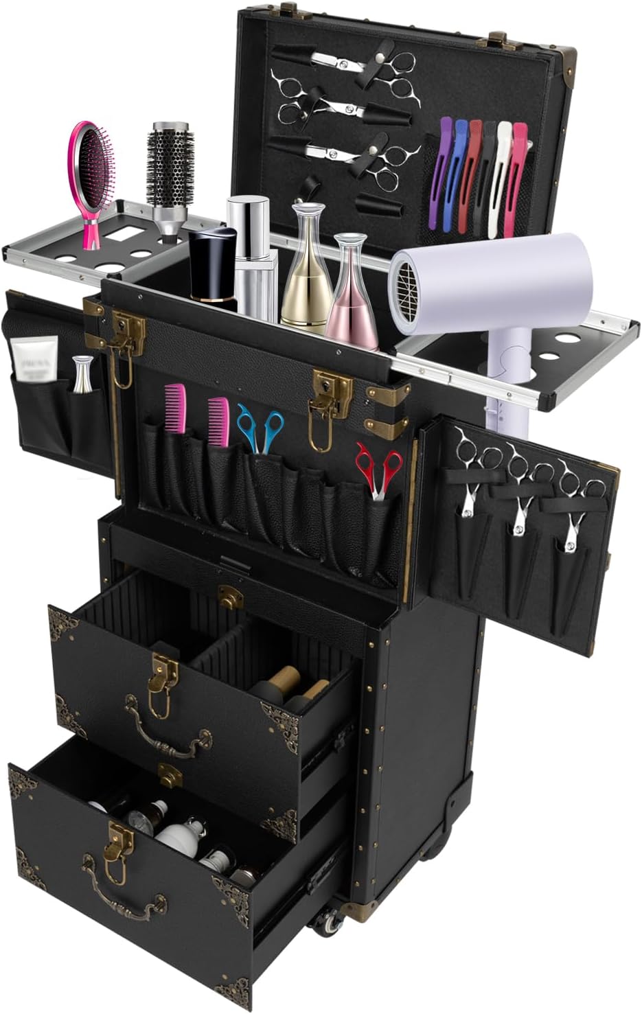 Beauty Salon Luggage Rolling Lockable Makeup Train Trolley Stylist Beauty Salon Cosmetic Luggage Travel Organizer Tool Box for Barbershops Beauty Salons