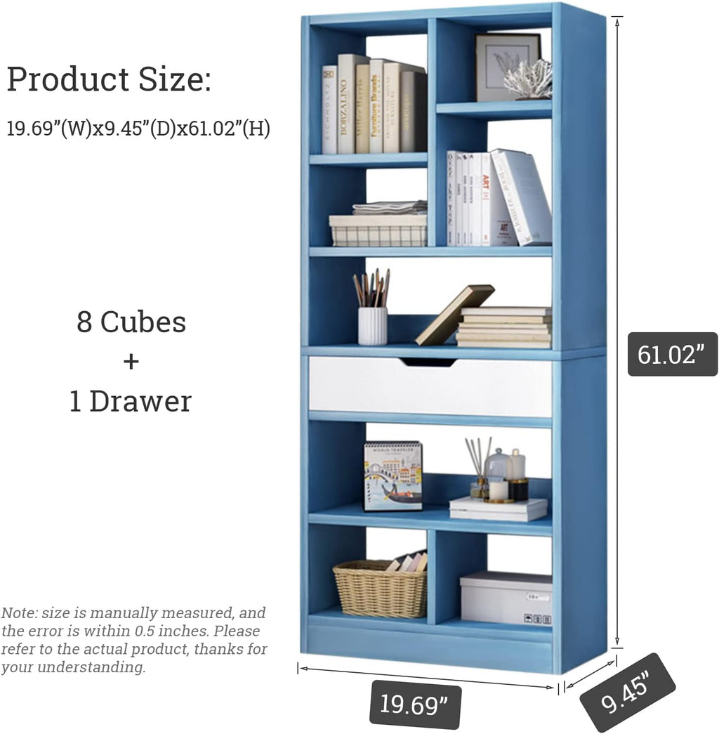 IOTXY Wooden Open Shelf Bookcase - 61' Height Freestanding Display Storage Cabinet Organizer with 8 Cubes and a Drawer, Floor Standing Bookshelf, Blue