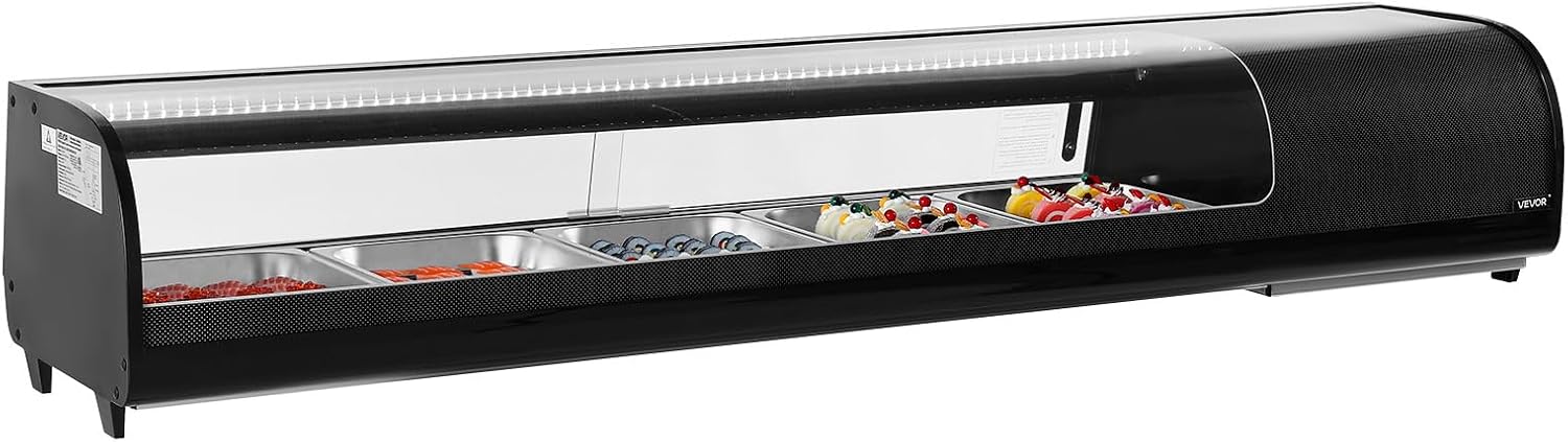 VEVOR Sushi Display Case Refrigerator, 2.9 Cu.ft Commercial Sushi Case, 5-Pan Countertop Showcase with Curved Glass, LED Lighting, and Digital Temperature Control, for Sushi-Bar, Restaurant, Store
