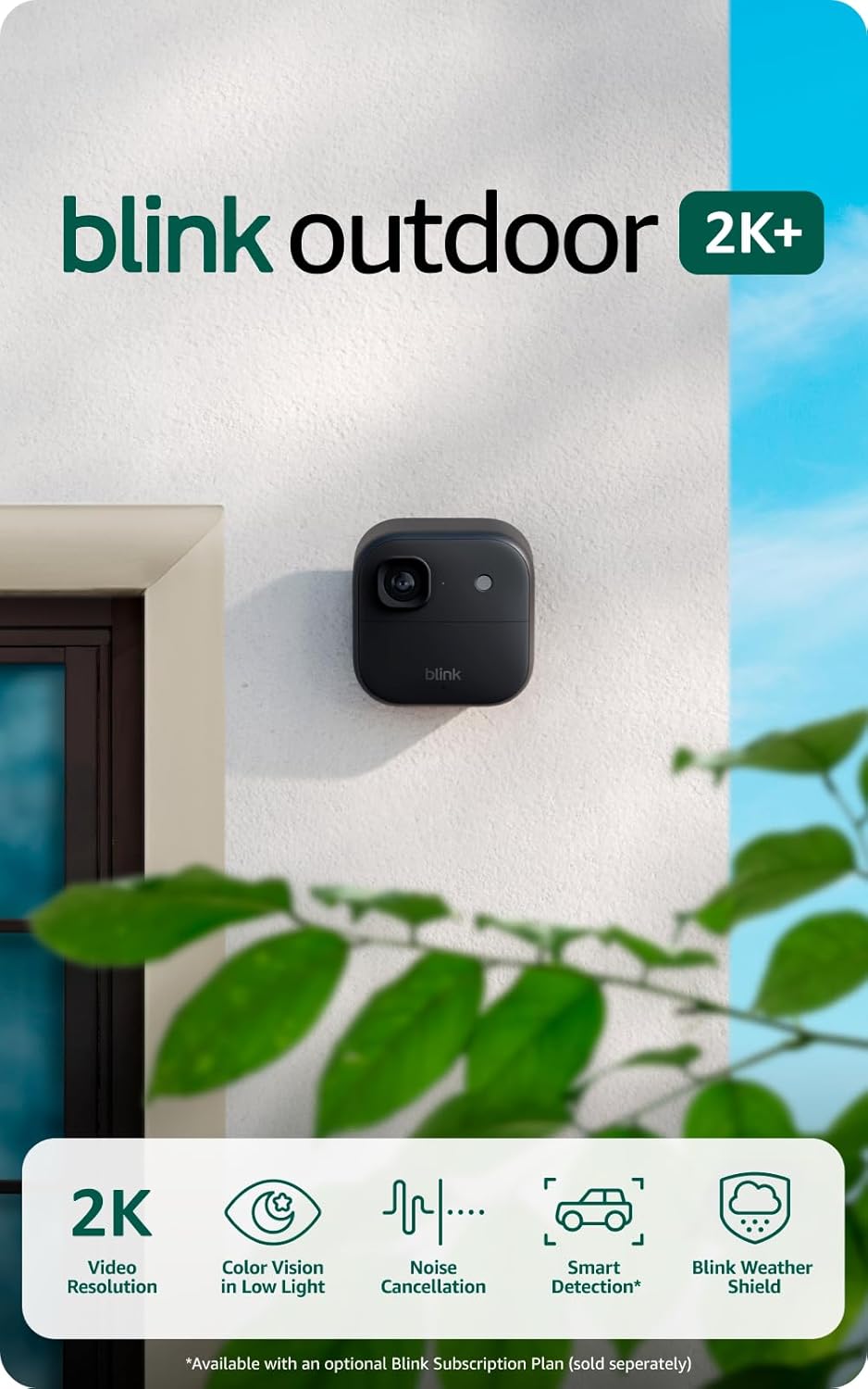 Blink Outdoor 2K+ (newest model) with 1-Year Subscription — 2K video resolution, Color Vision in low light, and noise cancellation. Sync Module included — 1 camera system (Black)