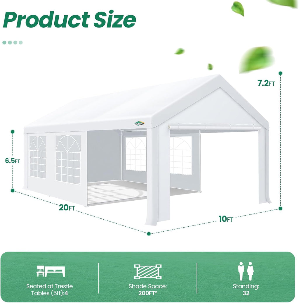 COBIZI 10x20 Party Tent Heavy Duty, 10x20 Tent with Removable Sidewalls & 4 Built-in Sandbags, Commercial White Tent, UV 50+, Waterproof, White