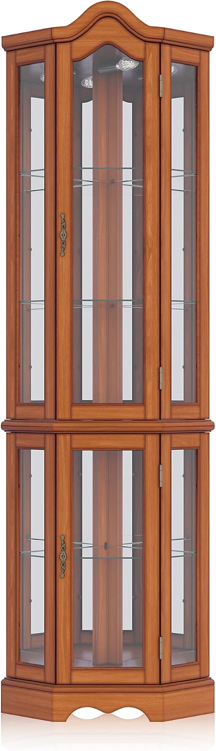 BELLEZE Lighted 3-Side Glass Display Curio Cabinet w/Tempered Glass Doors and Shelves, Curved Wood Corner Cabinet with Bulb, Corner Storage Rack for Living Room and Kitchen (Oak)