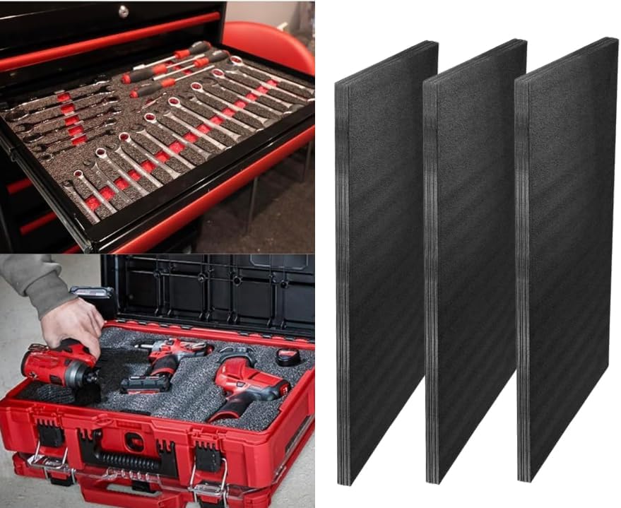 Customizable Tool Box Organizer Tool Foam | 24'x48' 3 Sheets | Tool Box Foam Organizer | Tool Drawer Organizer | Customizable Foam Insert | Toolbox Foam Inserts Shadow Foam (Black, 1-3/16' (30mm))