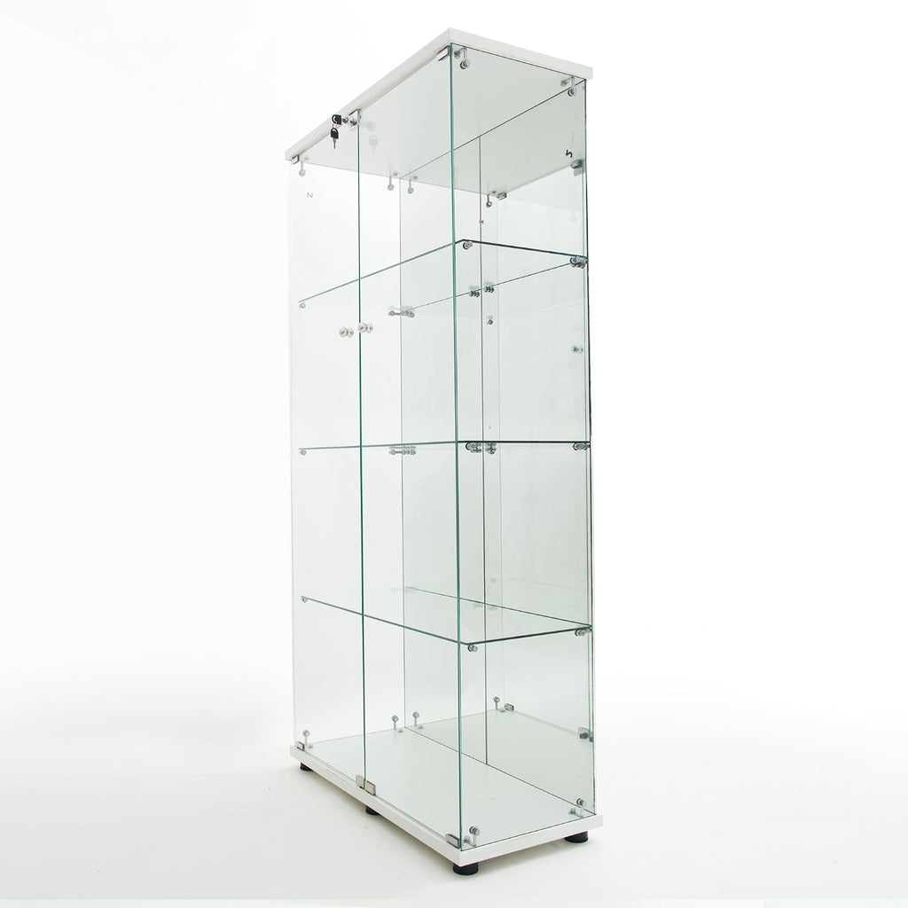 Modern Glass Display Cabinet 4-Shelf with LED Light,Mirror and Lock, 2 Door Curio Cabinets,Tempered Glass Collection Display Showcase for Living Room Home Office,30.9x13.5x64.6 H,White