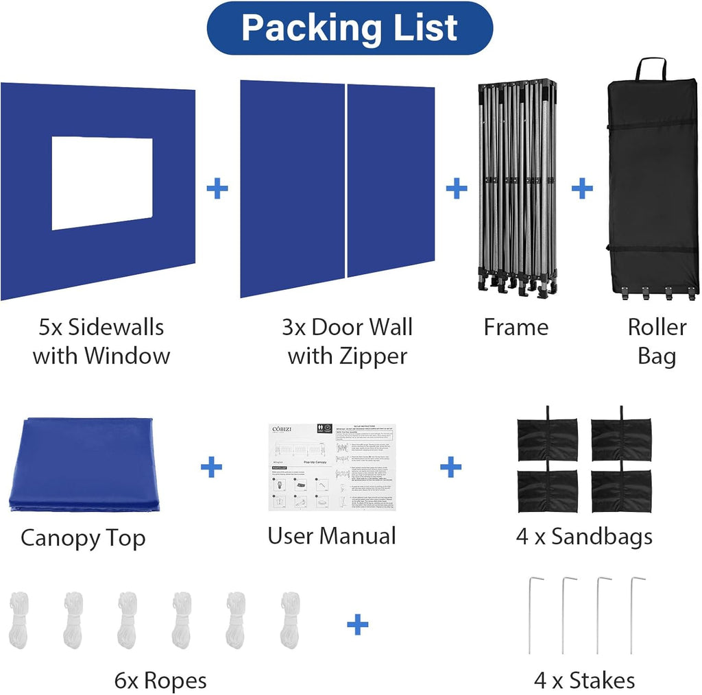 COBIZI Pop up Canopy Tent 10x30 Heavy Duty Gazebo with 8 Sidewalls, UPF 50+ All Weather Waterproof Commercial Outdoor Wedding Party Tents Canopy with Roller Bag,Dark Blue